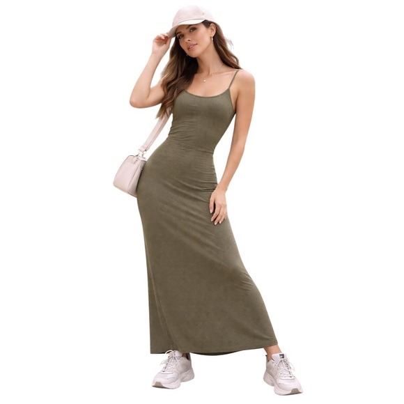 Poplush Dresses & Skirts - Popilush Olive Green Ribbed Shapewear Maxi Dress Adjustable Strap Athleisure L